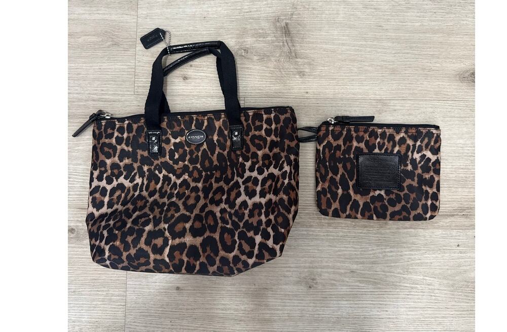 Coach Tan Ocelot Print Nylon Mini Packable Shoulder Bag & Pouch Vintage F33312